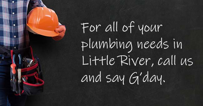 A plumber standing with text on the background relating to Little River plumbing services