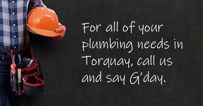 A plumber standing with text on the background relating to Torquay plumbing services