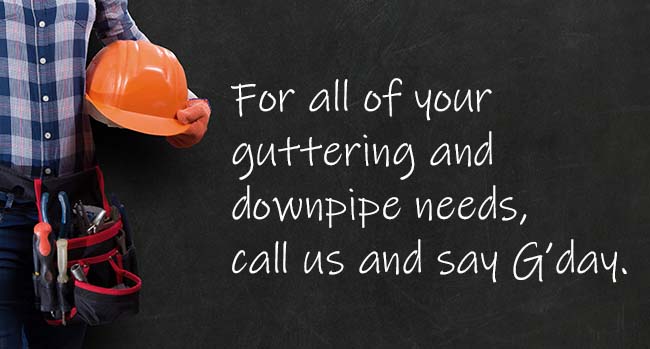 Plumber with text on the background regarding guttering and downpipe services